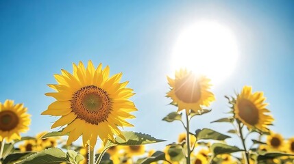 Wall Mural - A close-up of a sunflower in full bloom against a bright sky
