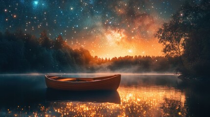 Poster - A Wooden Boat Awaits Beneath a Starry Sky