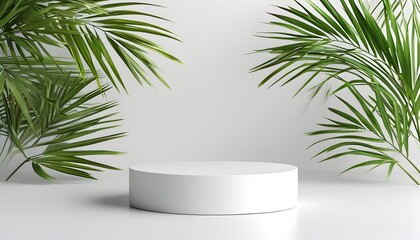 Serene minimalist display featuring a white pedestal adorned with realistic palm leaves, ideal for showcasing beauty and fashion products