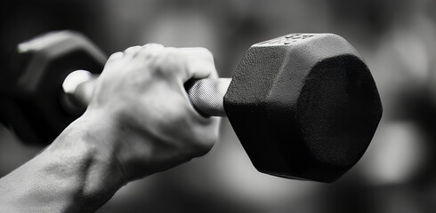 Closeup of strong hand holding a dumbbell, fitness motivation, weightlifting, strength training concept