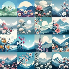 Wall Mural - Close-up flowers with highland background. Minimalist art style. AI generated illustration