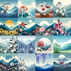 Canvas Print - Close-up flowers with highland background. Minimalist art style. AI generated illustration