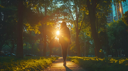 Silhouette of a Woman Walking Toward the Sunset in a Park