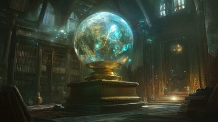 Canvas Print - A Large Crystal Orb Rests on a Pedestal in a Dark, Ancient Library