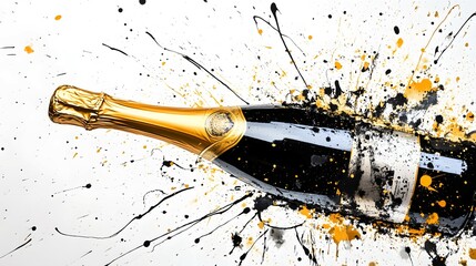 Wall Mural - Champagne Bottle, Black and Gold on White Background, Abstract Image, Texture, Pattern Background, Wallpaper, Cover and Screen of Smartphone, PC, Laptop, 9:16 and 16:9 Format