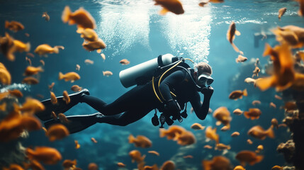 Wall Mural - A scuba diver swims underwater surrounded by numerous small orange fish, with sunlight filtering through the water, highlighting the diver's gear and marine life.