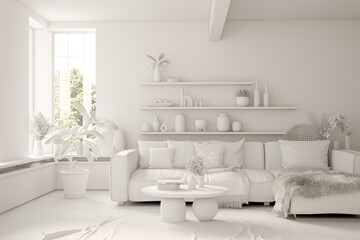 Wall Mural - Grey home interior mock-up with sofa, living room concept in scandinavian style 3D illustration