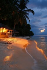 Wall Mural - Tranquil tropical beach at dusk with glowing lights and gentle waves