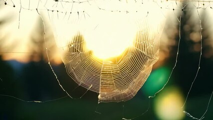 The camera zooms out from a close-up of a dew-covered spider web at dawn.