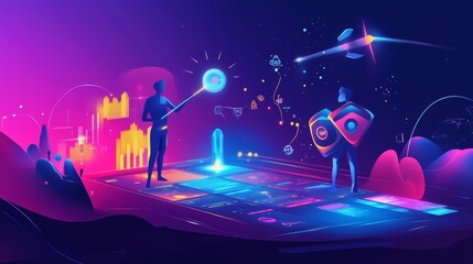 Imagine a vibrant and futuristic scene where marketing and sales are personified as two powerful figures, working together over a gameboard filled with strategies and digital tools. 