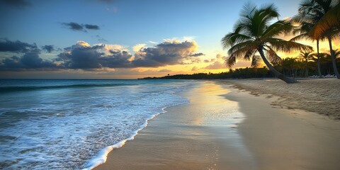 Wall Mural - Tropical beach at dusk with gentle waves and lush palm trees