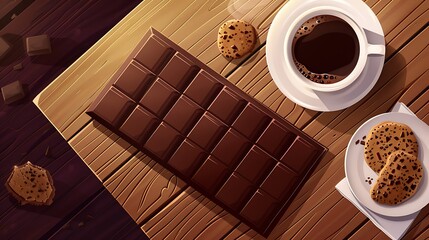 A slightly enlarged, high-definition image of a cozy scene featuring freshly baked chocolate chip cookies, chunks of rich chocolate, and a steaming cup of coffee, all arranged on a rustic wooden table