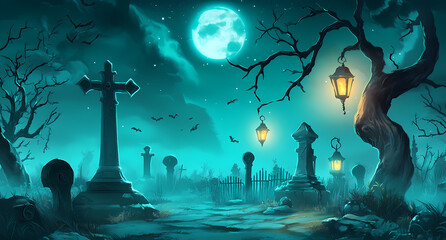 Halloween night background with a haunted graveyard and spooky lanterns