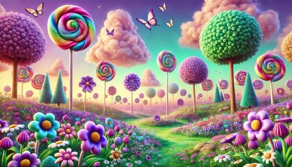 Colorful candy-themed landscape with whimsical trees and flowers, joyful atmosphere, fairy tale setting 