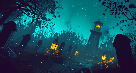 Halloween night background with a haunted graveyard and spooky lanterns