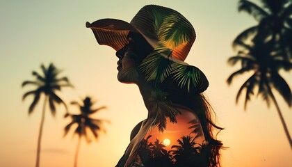 Wall Mural - Tropical Sunset Silhouette of a Woman with Hat Surrounded by Palm Trees, Evoking Peace and Tranquility