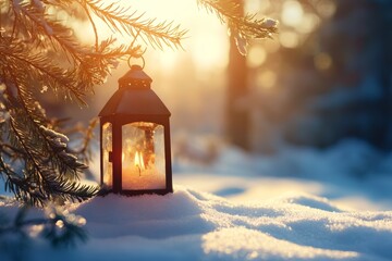 christmas lantern illuminating snow with fir branches in sunlight winter decor scene