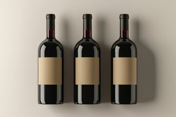 A mock-up of an abstract dark background with three black wine bottles and empty blank labels with copyspace for your brand. 3D rendering.