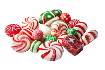 Assorted festive candies with red, white, and green colors, perfect for holiday celebrations, Christmas gifts, or seasonal decorations.