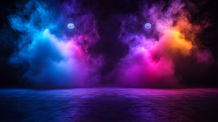 Wall Mural - A vibrant light show in a dark atmosphere at night with colorful smoke effects