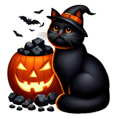 Wall Mural - Halloween coal black cat with pumpkin 3d design isolated on white background