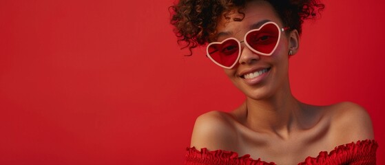 Poster - happy young smiling woman in glasses with hearts