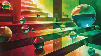 Wall Mural - A slightly enlarged, high-definition image of several 3D balls scattered across a smooth, reflective floor. 