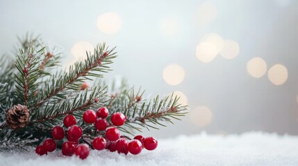 Close-up of pine branch with red berries covered in snow on a soft white winter background with bokeh lights in the distance