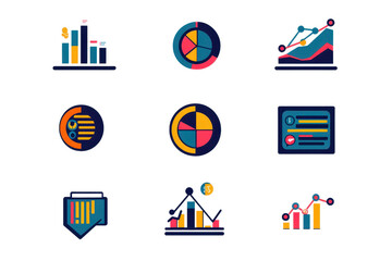 Poster - Colorful stylized vector icons of graphs and charts representing data analysis and business metrics.