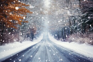 panoramic winter landscape snow covered highway through a scenic forest under falling snow