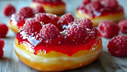 Wall Mural - Vibrant jelly donut bursting with luscious red raspberry filling