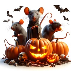 Wall Mural - Halloween mice rat and bat with pumpkin 3d illustration design isolated on white background