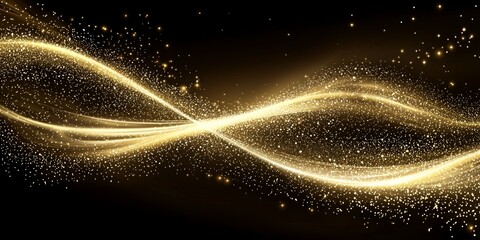 Poster - Golden particles cluster together to form an elegant wave, each shimmering softly against a deep black background, creating a dynamic and captivating composition.