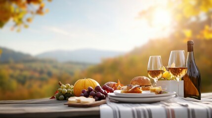 A vibrant autumn picnic scene featuring a delicious meal, wine, and a beautiful landscape in the background.