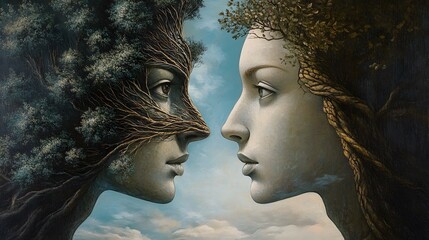 Art Painting for Pictures with Two Human Faces Blended with Nature, Facing Each Other, Abstract Image, Texture, Pattern Background, Wallpaper, Cover and Screen for Smartphone, PC, Laptop, 9:16 and 16: