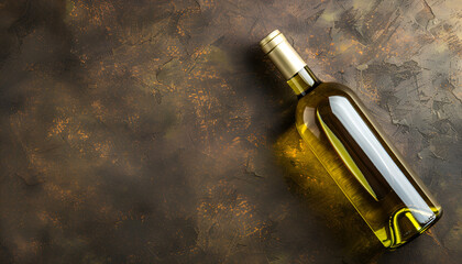 White wine in a bottle on the table, free space for text. Aged wine in bottles. Top view