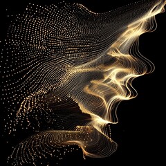 Poster - Golden particles dance and swirl to form a nebula-like structure, softly glowing and fading at the edges against a deep black background, creating a serene cosmic ambiance.