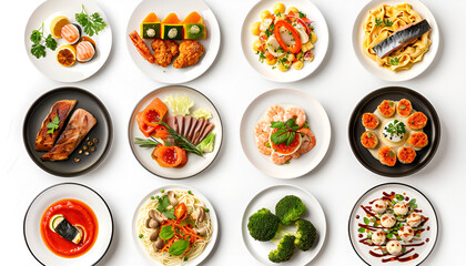 Wall Mural - set of plates of food isolated on a white background, top view