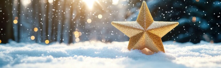 A shimmering golden star rests in fresh snow with glowing bokeh lights in the background, christmas season.