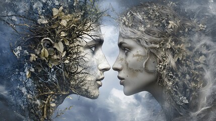 Art Painting for Pictures with Two Human Faces Blended with Nature, Facing Each Other, Abstract Image, Texture, Pattern Background, Wallpaper, Cover and Screen for Smartphone, PC, Laptop, 9:16 and 16: