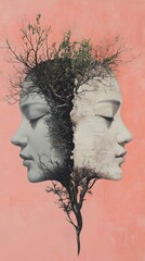 Wall Mural - Art Painting for Pictures with Two Human Faces Blended with Nature, Facing Each Other, Abstract Image, Texture, Pattern Background, Wallpaper, Cover and Screen for Smartphone, PC, Laptop, 9:16 and 16: