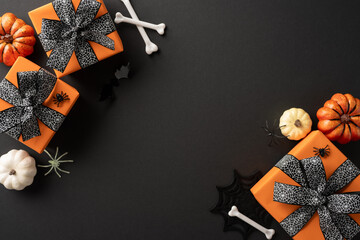 Canvas Print - Orange Halloween gift boxes with black bows surrounded by pumpkins, spiders, and bones on a black background