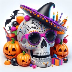 Wall Mural - Christian Halloween celebration design with cute skull  hat pumpkin bat decoration illustration