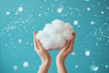 Two hands grasping a soft white cloud on a sparkling blue background representing cloud computing