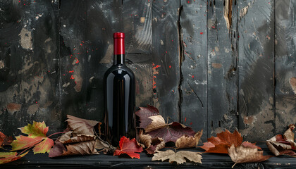 Bottle of red wine on a vintage rustic background with old wood and dried-up vine leaves. Concept of old wine