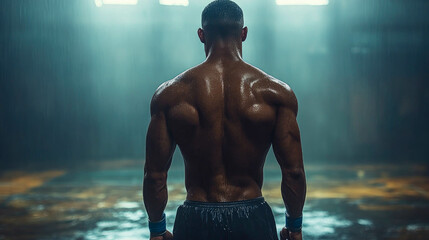 a powerful back view of a muscular athlete standing in a misty environment, showcasing strength and 