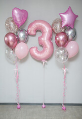 Wall Mural - pink balloon composition, pink number 3 balloon with helium