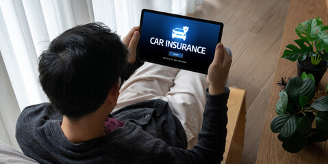 Poster - car insurance online website on computer screen for insure your car damage snugly