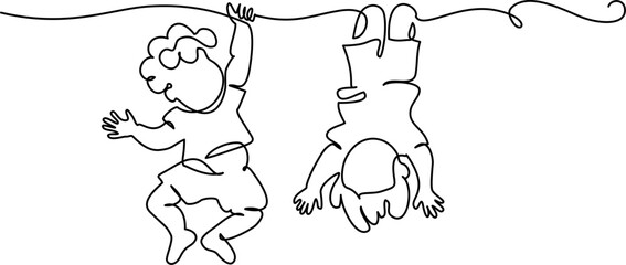 Wall Mural - little boys playing on branch of tree. continuous one line drawing