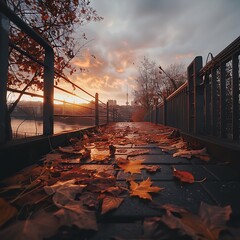 Wall Mural - leaves on the ground next to a bridge with a sunset in the background